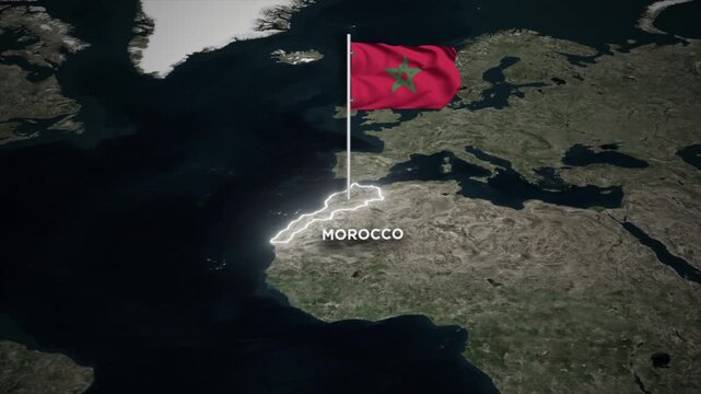 Morocco Map Animation with 3D Waving of Morocco National Flag and Glowing Border Animation on World Map