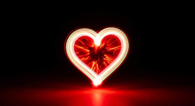 Glowing red heart shape with abstract light streaks against black