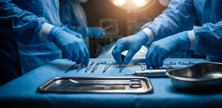 Medical staff wear blue gowns and gloves while arranging surgical instruments on a blue table in a hospital operating room in the evening. Bright lights illuminate the area