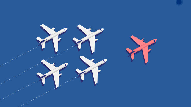 Airplane formation flying with one plane breaking away in sky