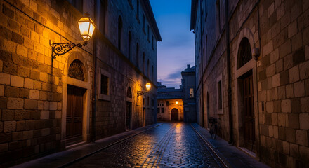 Fototapeta premium Narrow alleyway with lantern at dusk isolated on white background