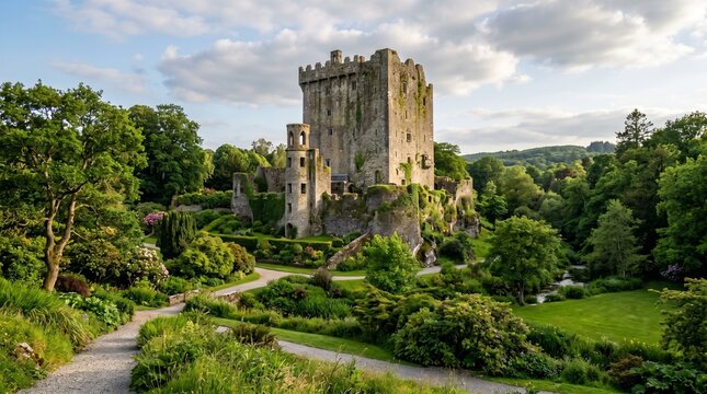 Majestic ancient stone castle standing proudly amidst lush green gardens and scenic pathways under a beautiful sky, showcasing timeless European architecture and historical charm