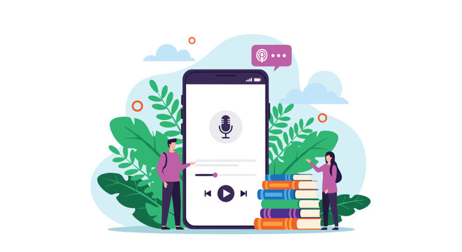 Educational podcast and digital learning concept with small people standing next to a giant smartphone and a stack of books.
