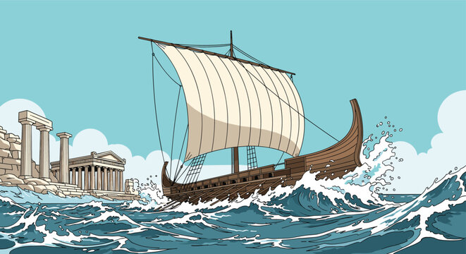 Large ancient Greek trireme ship with white sails navigates through rough ocean waves near a classical temple on a rocky coastline.