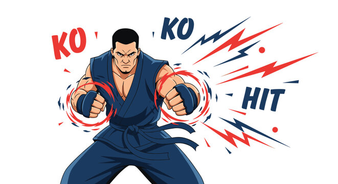 Powerful martial artist in a blue gi strikes a dynamic fighting pose while surrounded by energetic action lines and combat text effects.