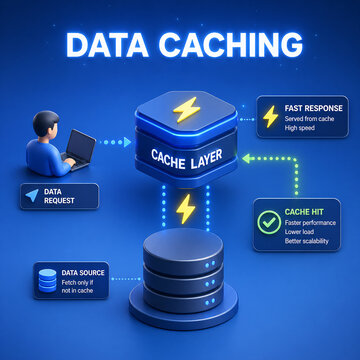3D Illustration of Data Caching Concept: Fast Response, Cache Hit, and Efficient Data Retrieval in a Digital Network Environment