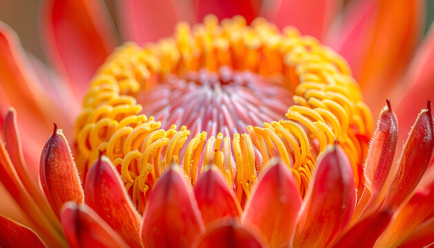 Macro shot of a vibrant Protea flower in full bloom, showcasing intricate details.