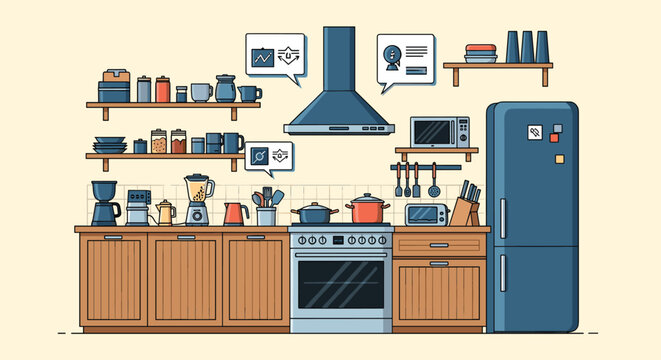 Modern smart kitchen is equipped with various high-tech appliances, wooden cabinets, and digital icons indicating intelligent home automation features.