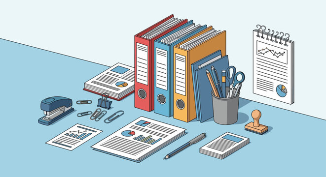 Neatly organized office workspace with colorful ring binders, paper documents, stationary, and various office tools on a blue surface.