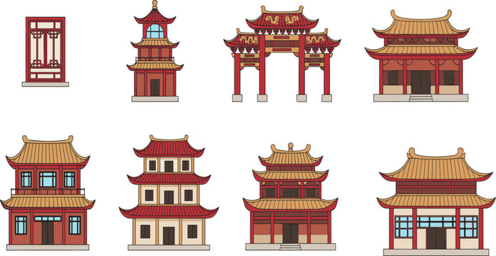 Traditional Chinese and Japanese architectural building icon set featuring pagodas, temples, gates, and ancient oriental houses in flat vector style.