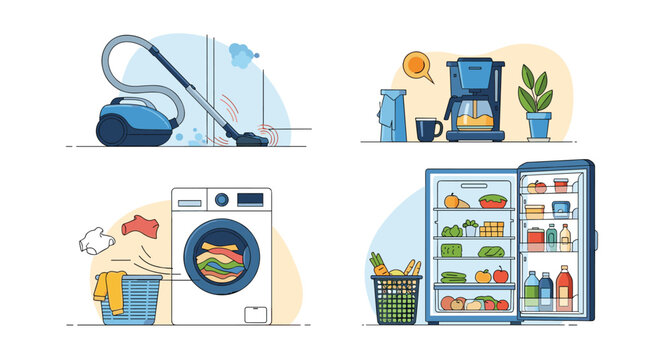 Set of common household appliances including a vacuum cleaner, coffee maker, washing machine, and a refrigerator filled with fresh groceries.