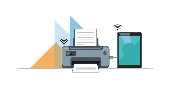 Wireless printing technology showing documents emerging from a modern printer controlled by a tablet over a wi-fi network connection.