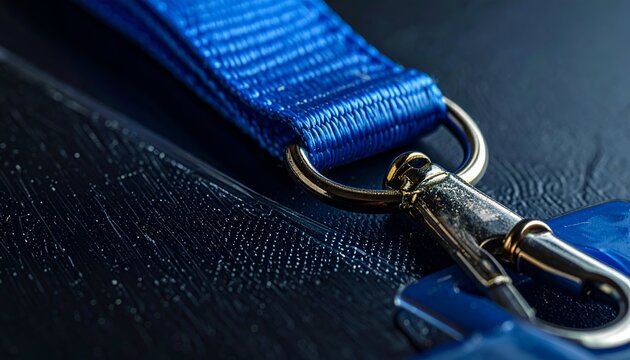 Close-up of a Blue Lanyard with Metal Clasp on Dark Surface.