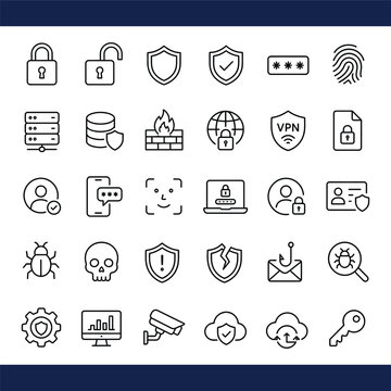 Cybersecurity and Data Protection Icons Set, Security Privacy Network and Authentication Outline Vector Icons