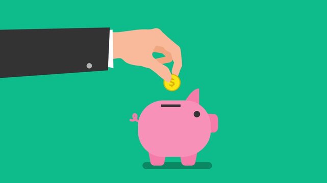 hand put coins  into piggy bank saving money animation video footage 