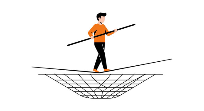 Tightrope Walker with Safety Net Vector Illustration - Concept of Business Risk Management, Financial Security, and Balance