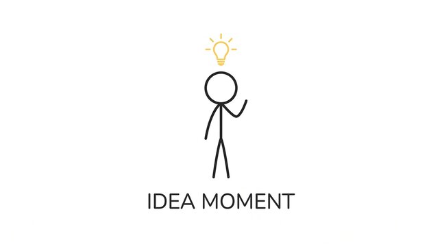 Minimalist stickman illustration with idea moment text and glowing light bulb