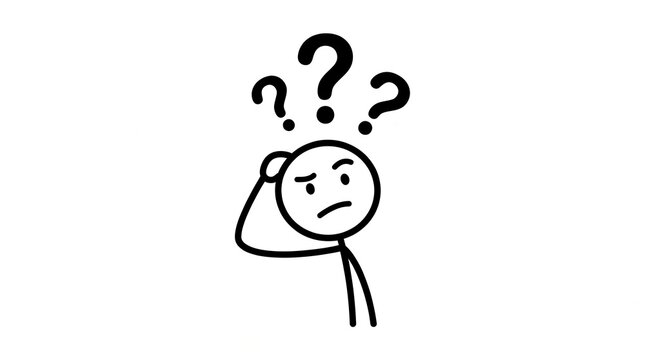 Confused stickman character with worried expression and floating question marks