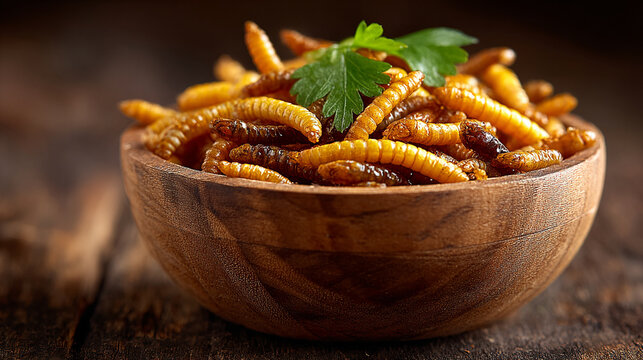 fried mealworms in wooden bowl with herbs on table closeup