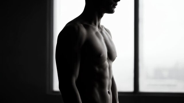 Shirtless man standing in profile by bright window