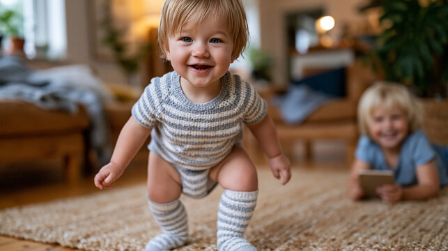 A baby in striped socks taking a first unsupported step in a sun-filled modest apartment living room, a proud older sibling filming on a small tablet from a low angle nearby, perfect for first steps