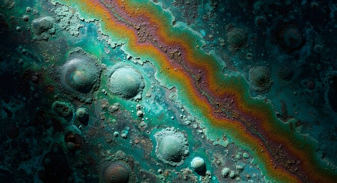 Abstract iridescent oil slick on dark metal surface with turquoise copper patina and bubbling oxidation texture
