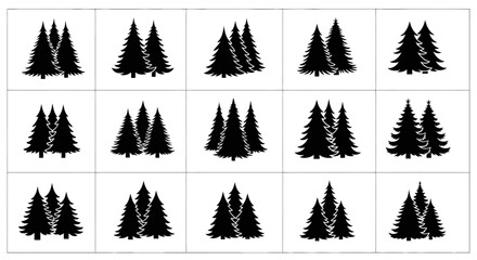 Fototapeta premium Collection of black pine tree silhouettes in various shapes and sizes on white background