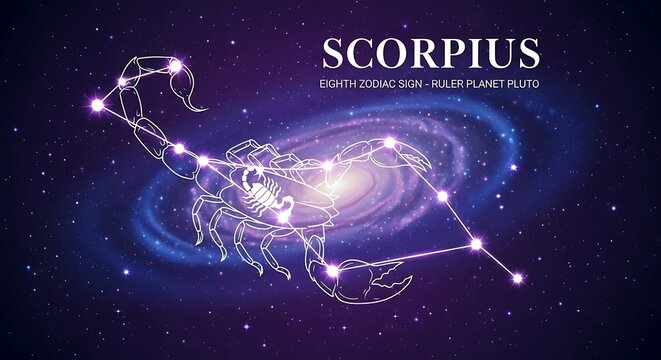 Glowing scorpion constellation over a vibrant cosmic galaxy background