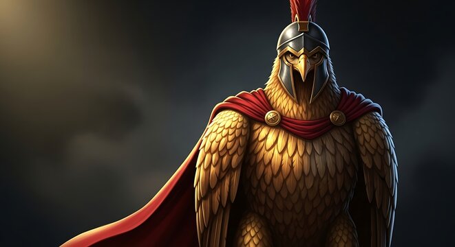 Golden eagle warrior in armor and red cape, majestic and fierce, ready for battle