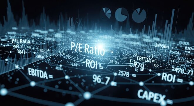 Financial data visualization with pe ratio roi ebitda metrics on futuristic digital dashboard