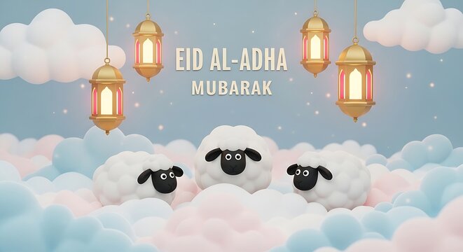Eid al adha mubarak festive scene with adorable sheep and glowing lanterns in a cloudy sky