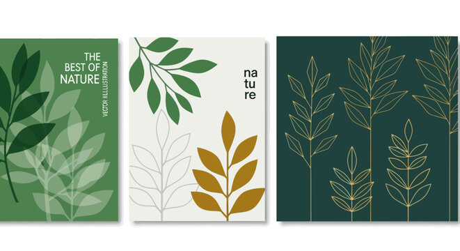 A captivating collection of elegant botanical leaf designs, showcasing abstract foliage patterns in natural green and golden hues, perfect for modern organic aesthetics and decorative art projects