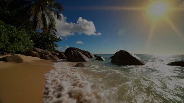 Dramatic Rocky Coastline with Crashing Waves and Sun Glare Background