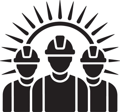Three construction workers silhouettes with a stylized sun arching over them hard hat manual labor construction industry building uniforms strength collaboration together professionals