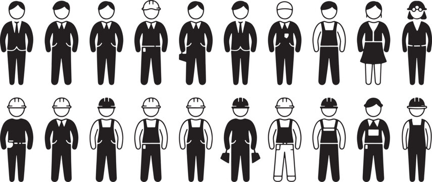 Group of diverse people icons showing various professions and roles with human resources career path job title office worker manual labor professions business uniforms construction collection
