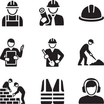 Construction worker icons set with construction building industry profession engineer architect developer illustration collection teamwork blueprint shoveling bricklaying equipment