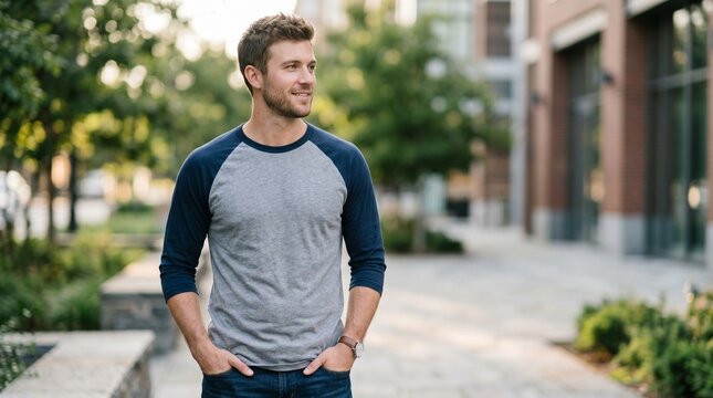 Smiling young man wearing raglan baseball shirt in city park