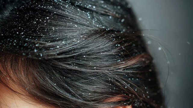 Dandruff on a woman's head. Close-up of dark hair texture with dandruff. Concept of hygiene, health, and proper scalp care