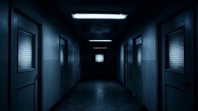 Dark corridor with reinforced doors, fluorescent lighting, institutional setting