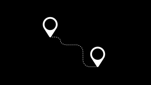 Minimalist Map Navigation Route Animation with Two Location Map Pins and Dotted Path for Travel Tracking, Logistics Delivery Concept, and Geographic Destination GPS Symbol on Black Background.