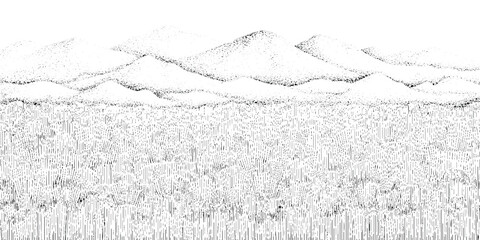 Fototapeta premium Monochrome sketch landscape, wide field of flowers, distant rolling mountains, delicate pen line art, minimal and serene nature scene vector.