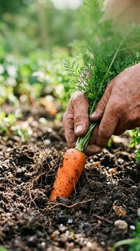 Hand pulling freshly harvested carrot from garden soil  