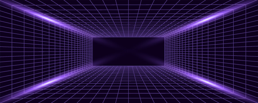 Purple glow neon wireframe background. Dark shining checkered grid floor plane in perspective. Bright retro futuristic horizon wallpaper. Arcade game sci fi matrix landscape surface. Vector backdrop