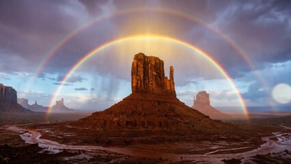 Naklejka premium Monsoon Rain Over Desert Rock Formations – Dramatic Rainbow Landscape Scene