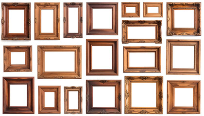 Fototapeta premium Collection of Assorted Wooden Picture Frames Displayed on a White Background.