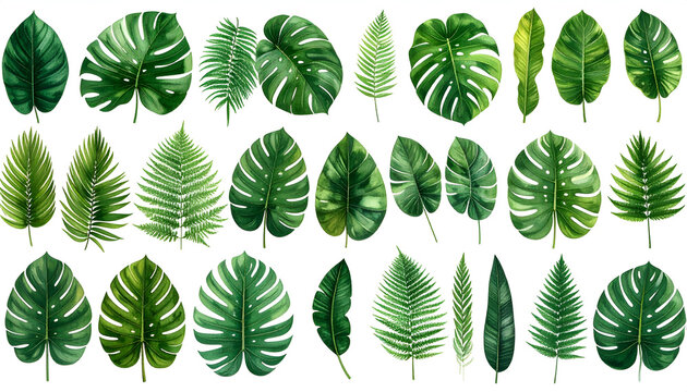 Collection of Various Green Tropical Leaves Isolated on White Background.