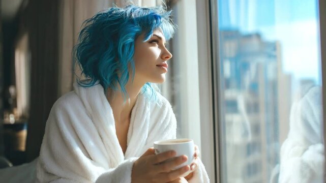 A blue-haired girl relaxes by the window with a cup of coffee in the morning. A young woman in a terry robe sits on a windowsill after a shower