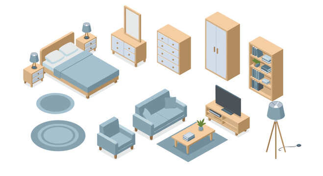 An organized set of isometric furniture pieces including a bed, sofa, television, and cabinetry arranged on a white background for interior design visualization purposes.