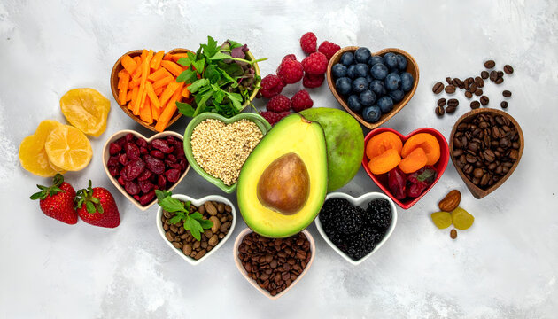 Heart Shaped Bowls Filled With Assorted Healthy Foods And Fruits.