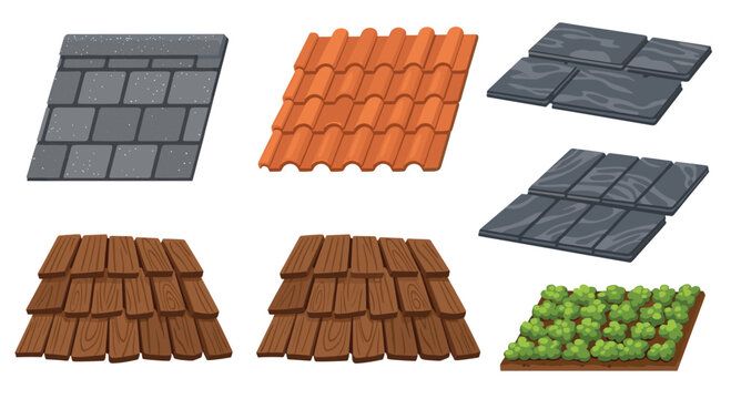 Collection of various roofing materials displayed side-by-side, featuring asphalt shingles, orange clay tiles, gray slate tiles, and brown wooden shakes for exterior construction.